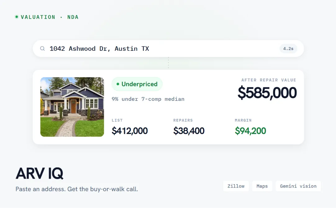 AI-driven real-estate valuation tool showing comparable properties and ARV calculation